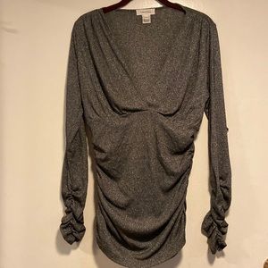 Calvin Klein top- sparkley, silver, stretch knit. long V neck. EUC